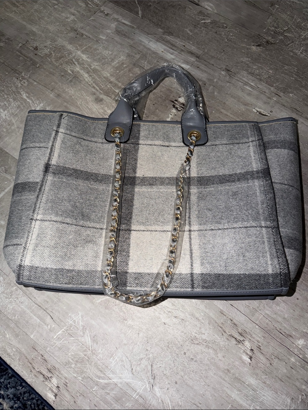 Plaid Gray Tote with Gold Chain Handles